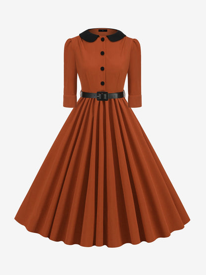Vintage Peter Pan Collar Belted A-Line Midi Dress