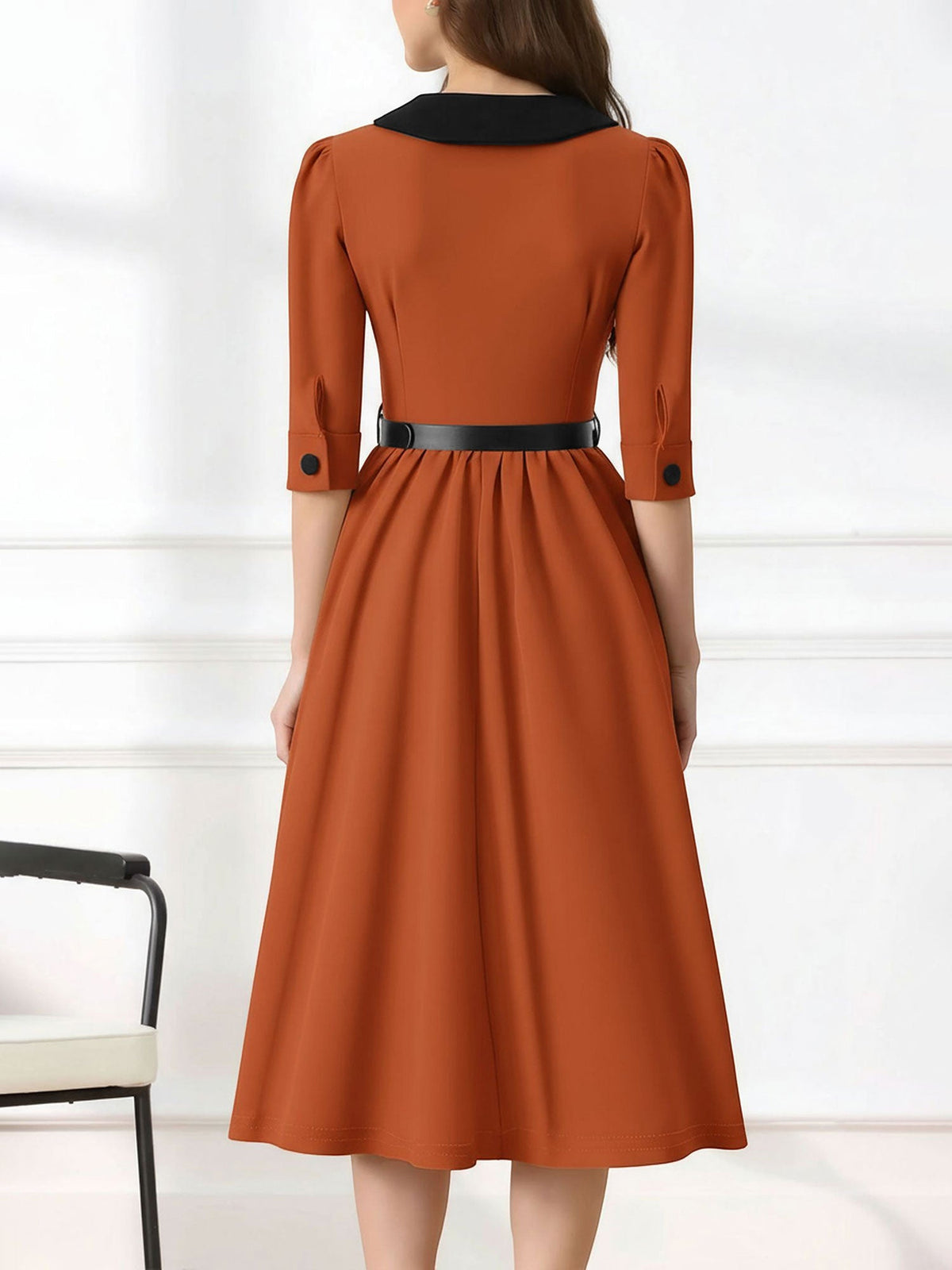 Vintage Peter Pan Collar Belted A-Line Midi Dress