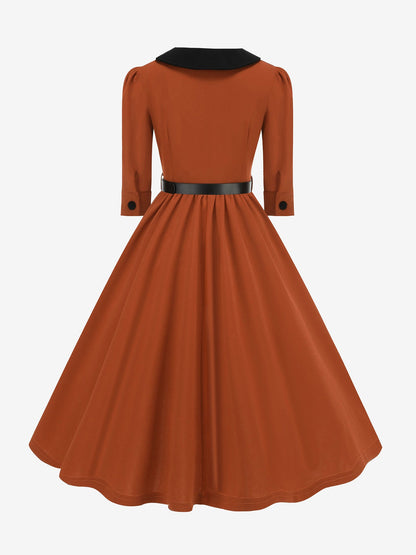 Vintage Peter Pan Collar Belted A-Line Midi Dress