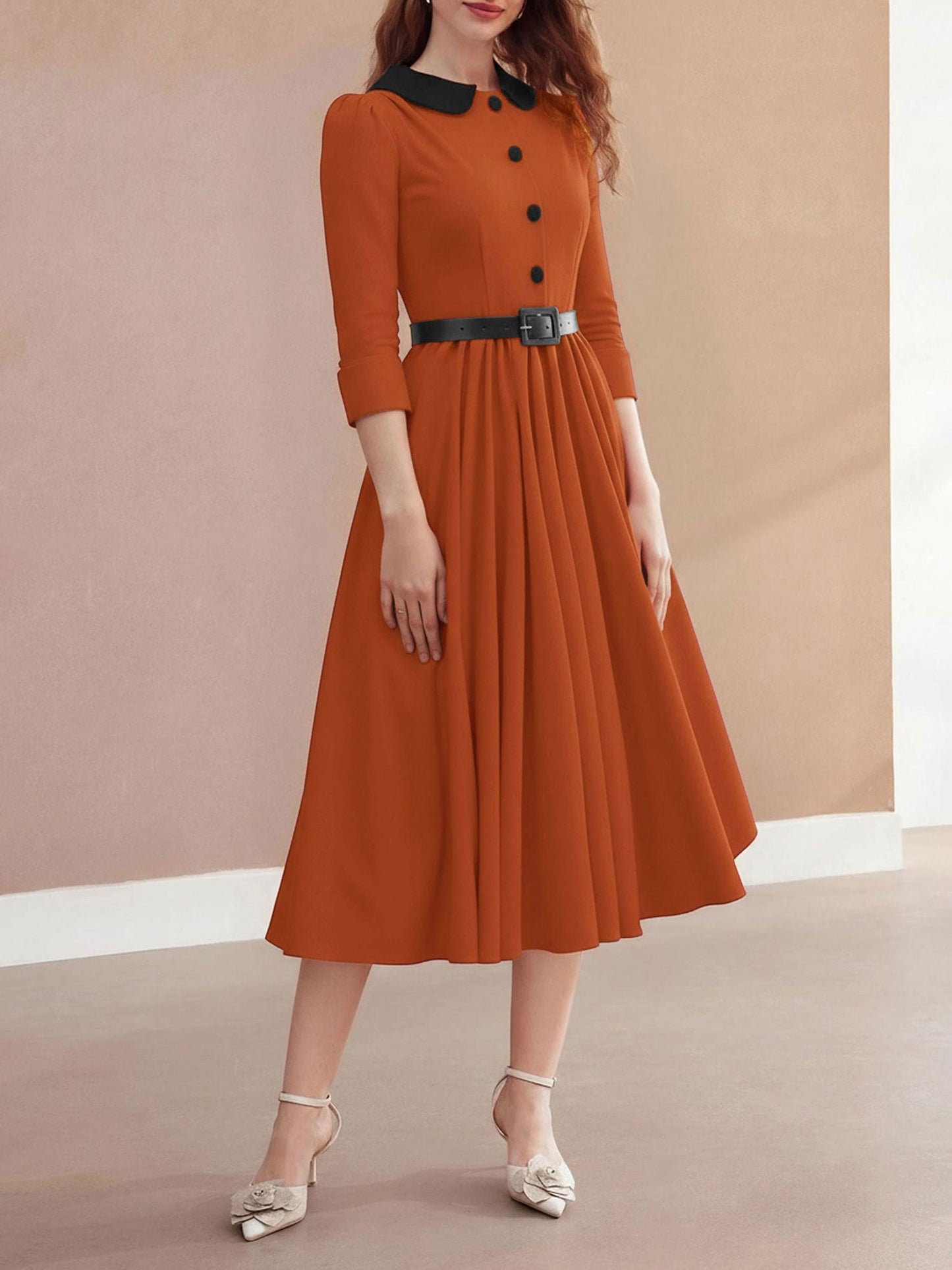 Vintage Peter Pan Collar Belted A-Line Midi Dress
