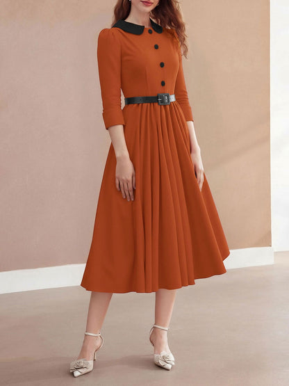 Vintage Peter Pan Collar Belted A-Line Midi Dress