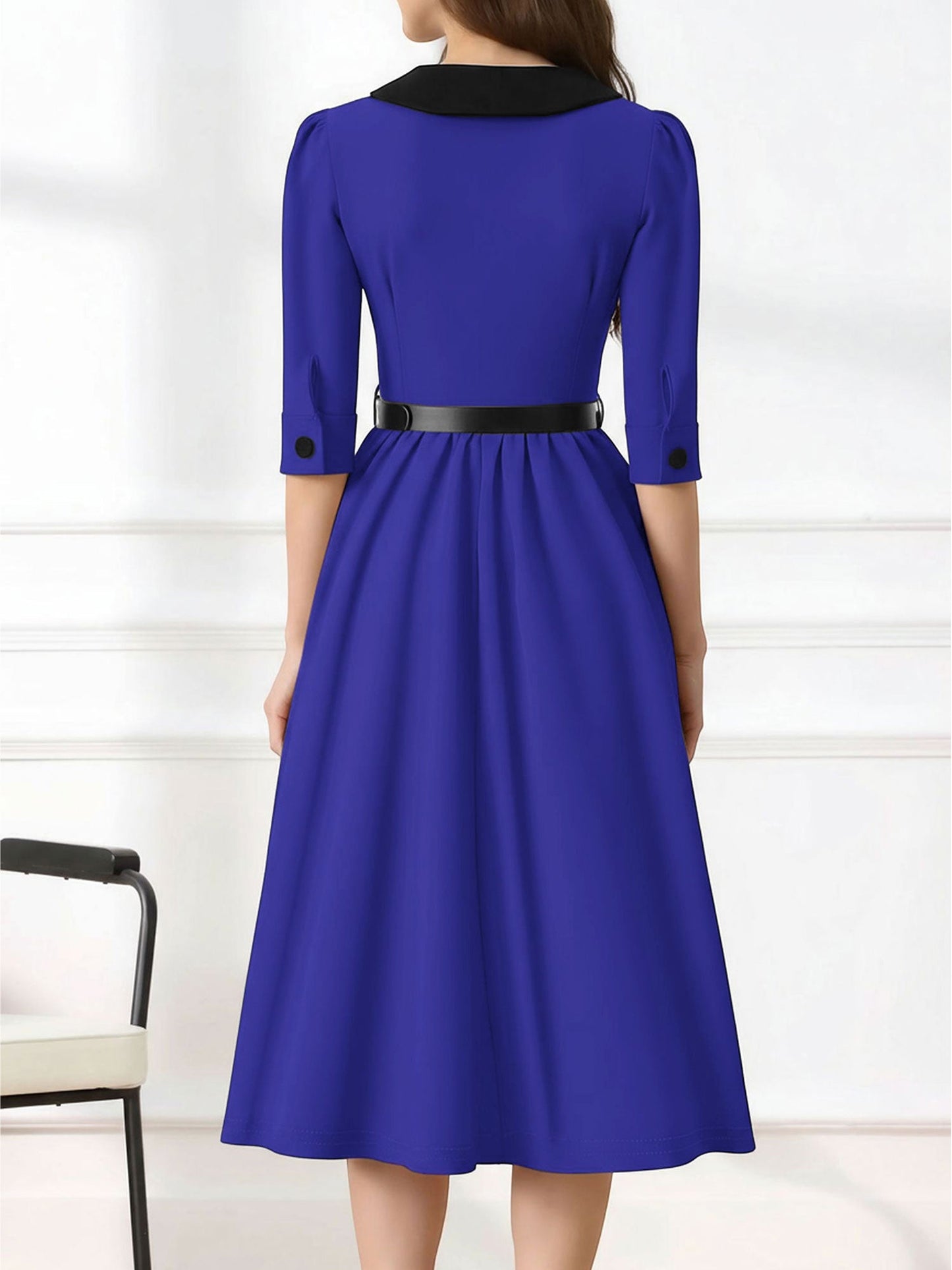 Vintage Peter Pan Collar Belted A-Line Midi Dress