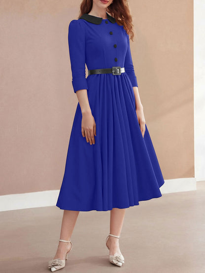 Vintage Peter Pan Collar Belted A-Line Midi Dress