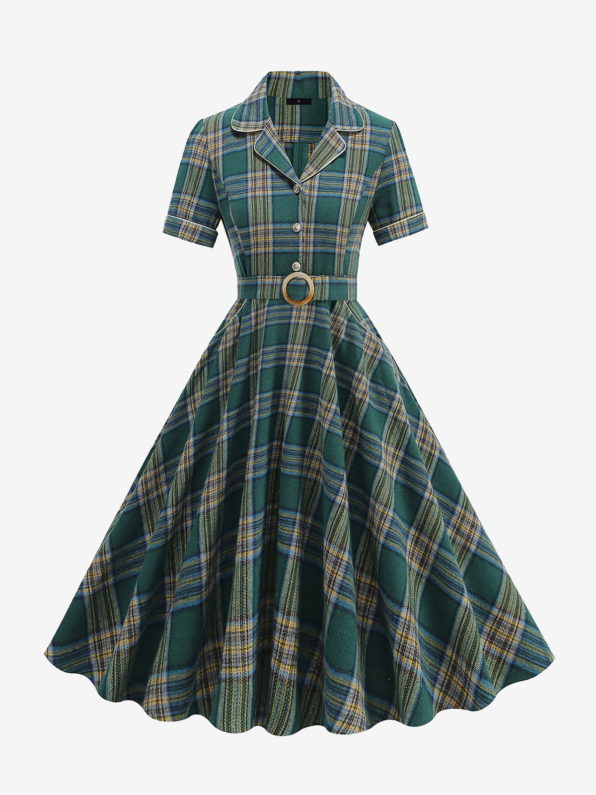 Vintage Notched Lapel Plaid Pockets Belted Midi A-Line Dress