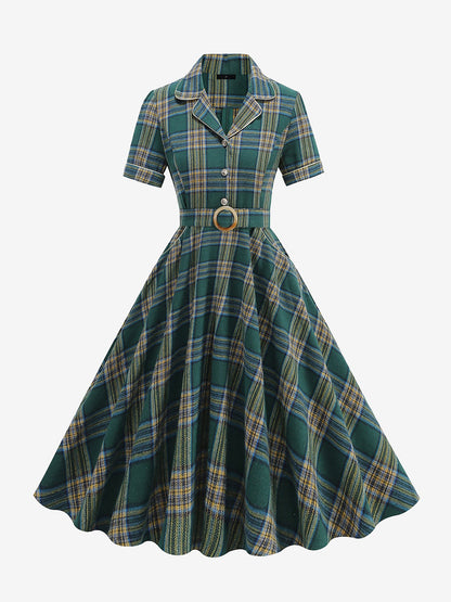 Vintage Notched Lapel Plaid Pockets Belted Midi A-Line Dress