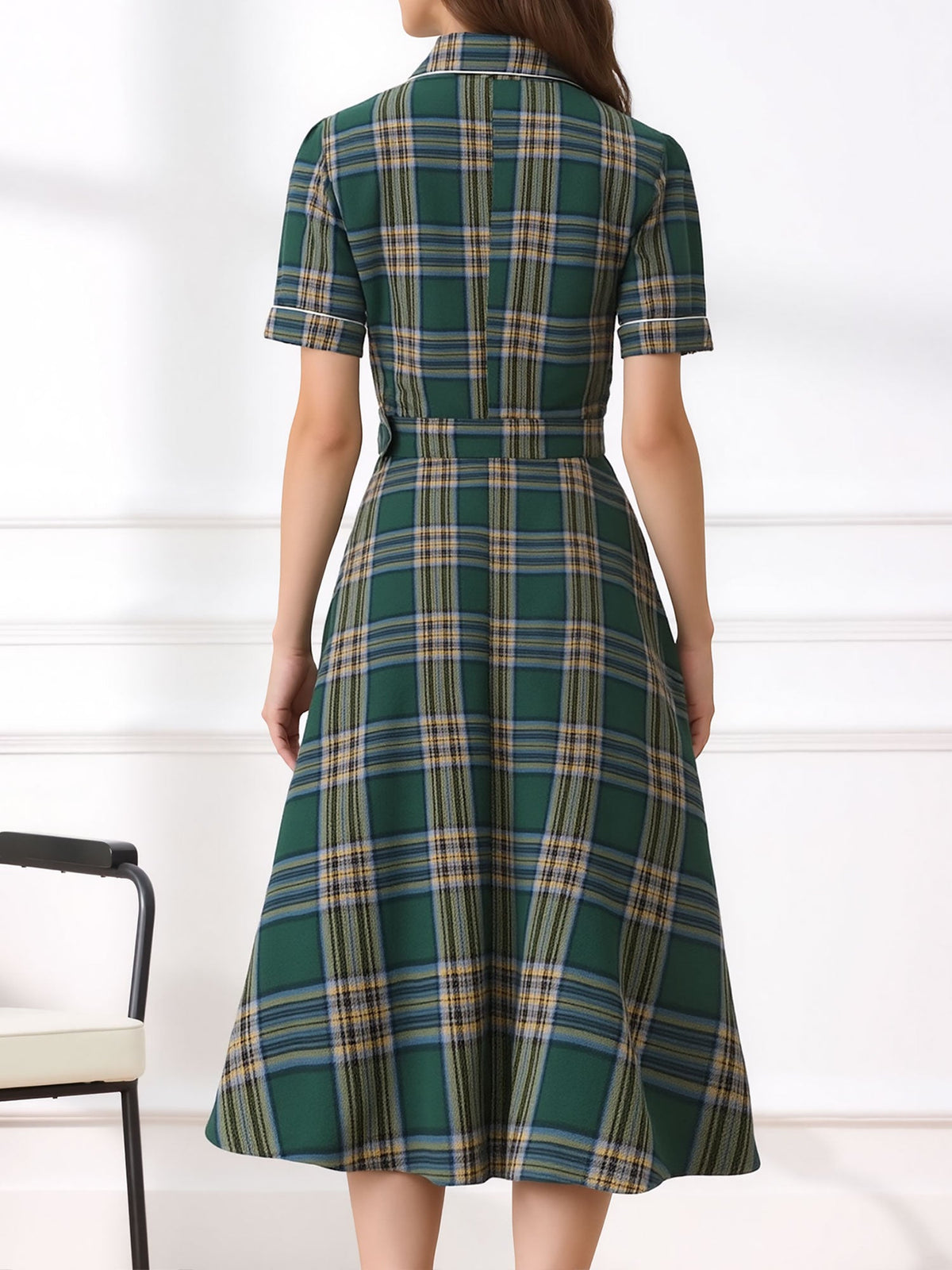 Vintage Notched Lapel Plaid Pockets Belted Midi A-Line Dress