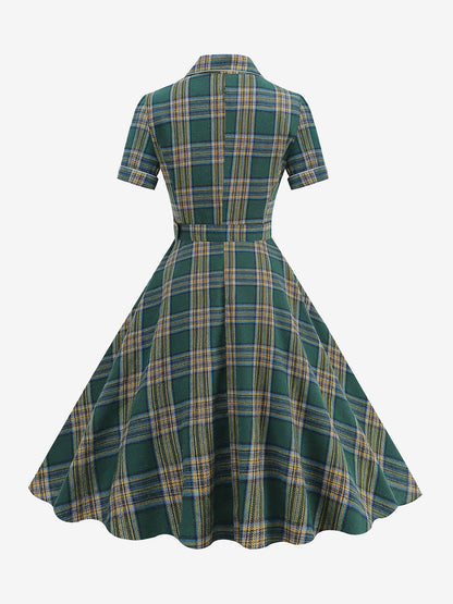 Vintage Notched Lapel Plaid Pockets Belted Midi A-Line Dress