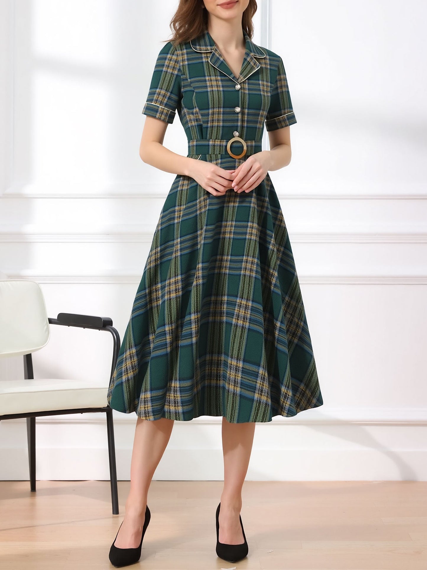 Vintage Notched Lapel Plaid Pockets Belted Midi A-Line Dress