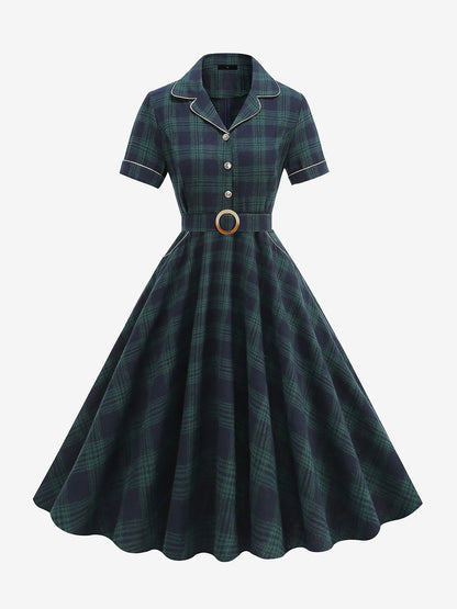Vintage Notched Lapel Plaid Pockets Belted Midi A-Line Dress