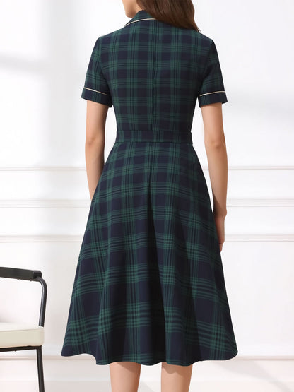 Vintage Notched Lapel Plaid Pockets Belted Midi A-Line Dress