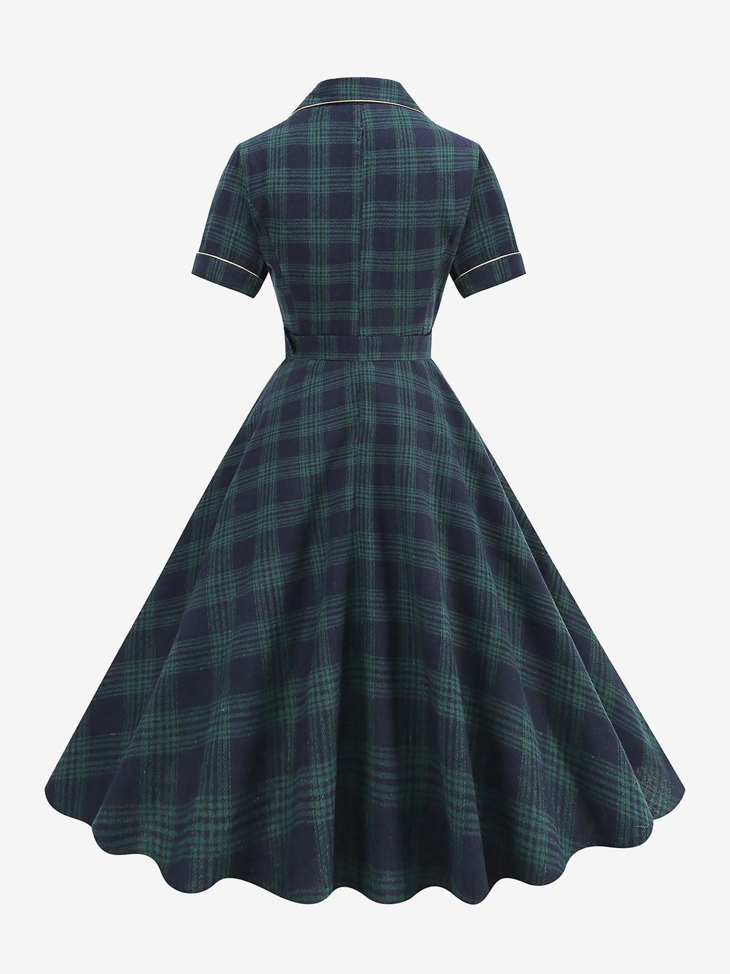 Vintage Notched Lapel Plaid Pockets Belted Midi A-Line Dress