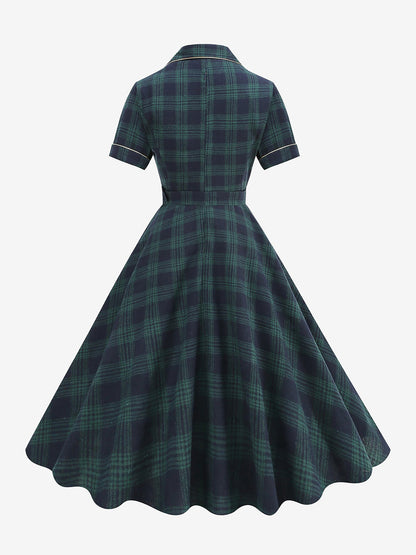 Vintage Notched Lapel Plaid Pockets Belted Midi A-Line Dress