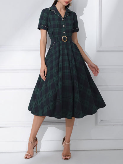 Vintage Notched Lapel Plaid Pockets Belted Midi A-Line Dress