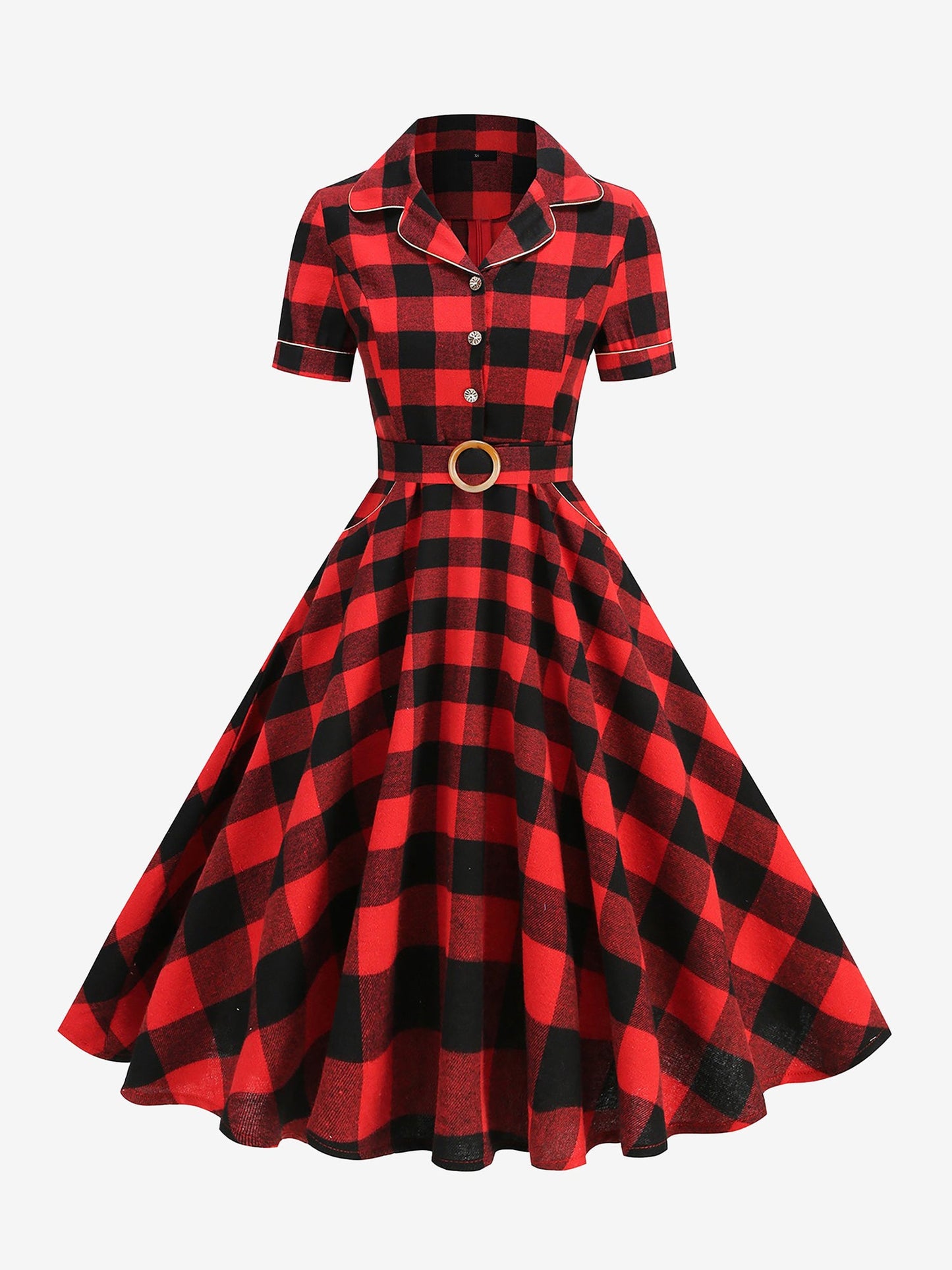 Vintage Notched Lapel Plaid Pockets Belted Midi A-Line Dress