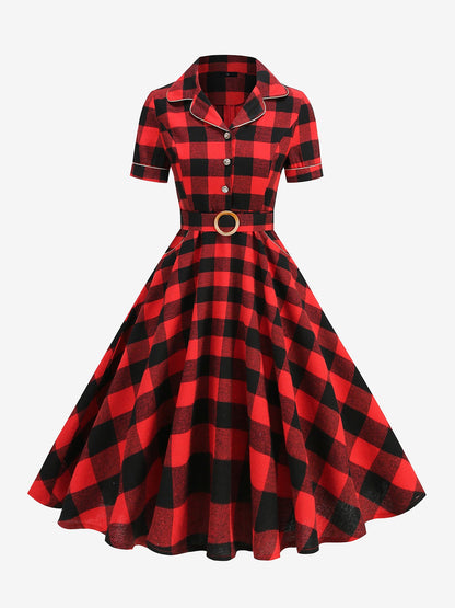 Vintage Notched Lapel Plaid Pockets Belted Midi A-Line Dress
