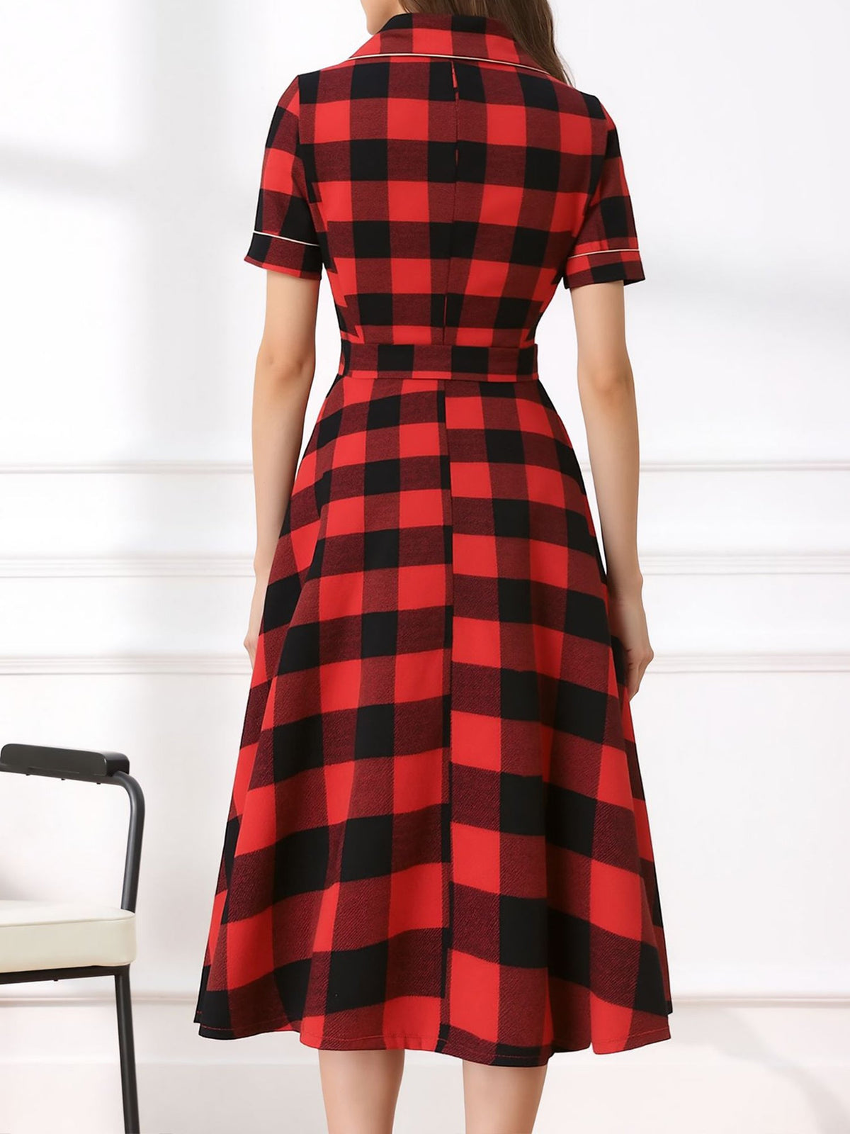 Vintage Notched Lapel Plaid Pockets Belted Midi A-Line Dress