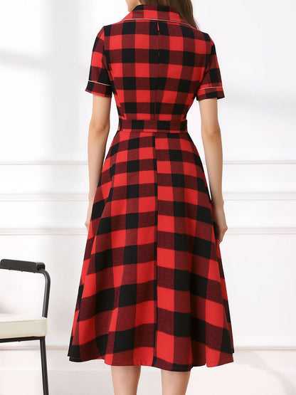Vintage Notched Lapel Plaid Pockets Belted Midi A-Line Dress