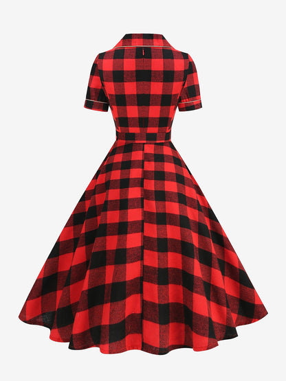 Vintage Notched Lapel Plaid Pockets Belted Midi A-Line Dress