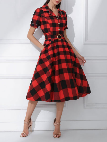 Vintage Notched Lapel Plaid Pockets Belted Midi A-Line Dress