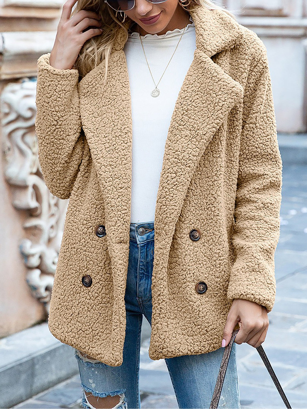 Notched Lapel Double Breasted Fleece Jacket