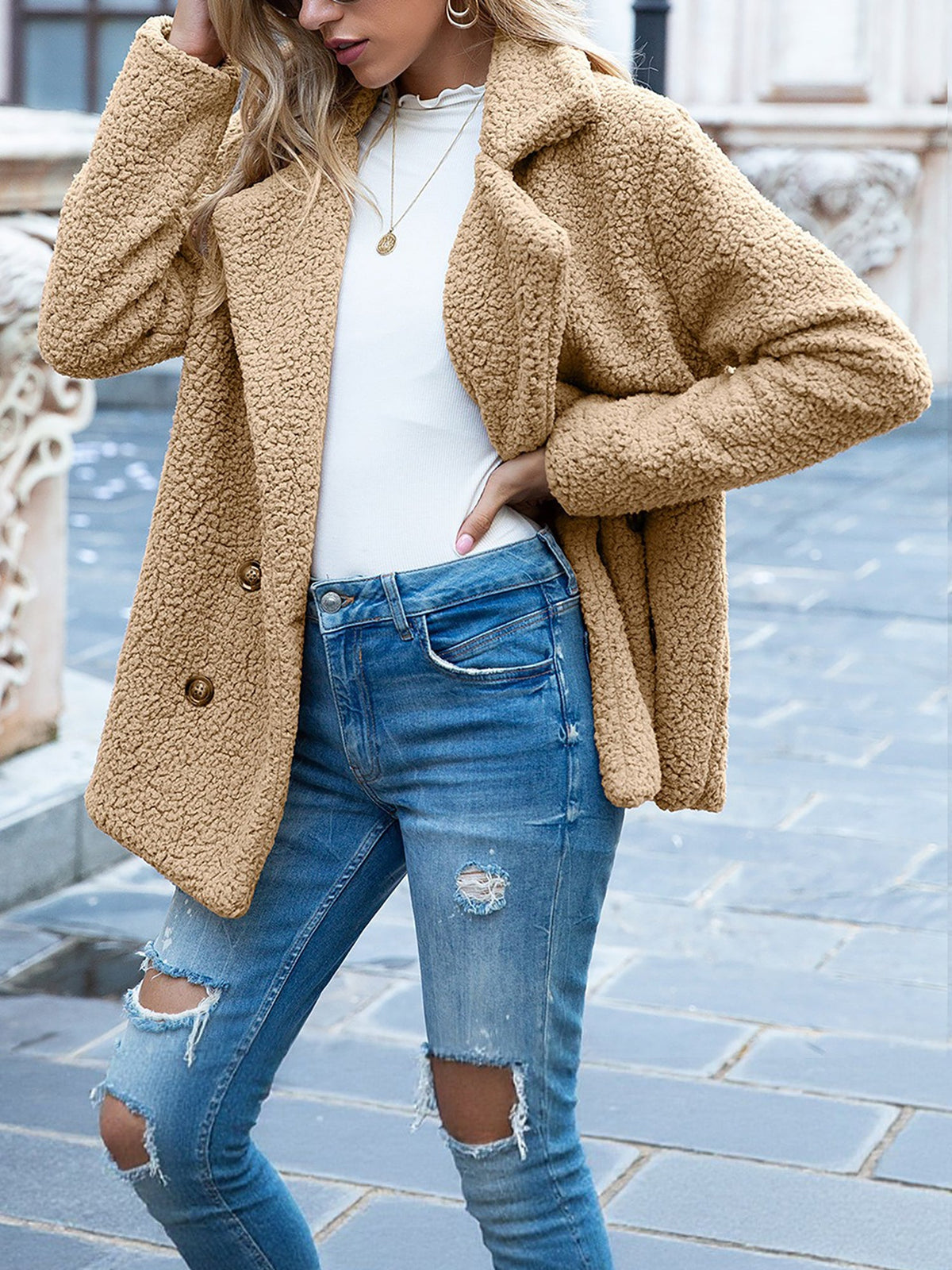 Notched Lapel Double Breasted Fleece Jacket