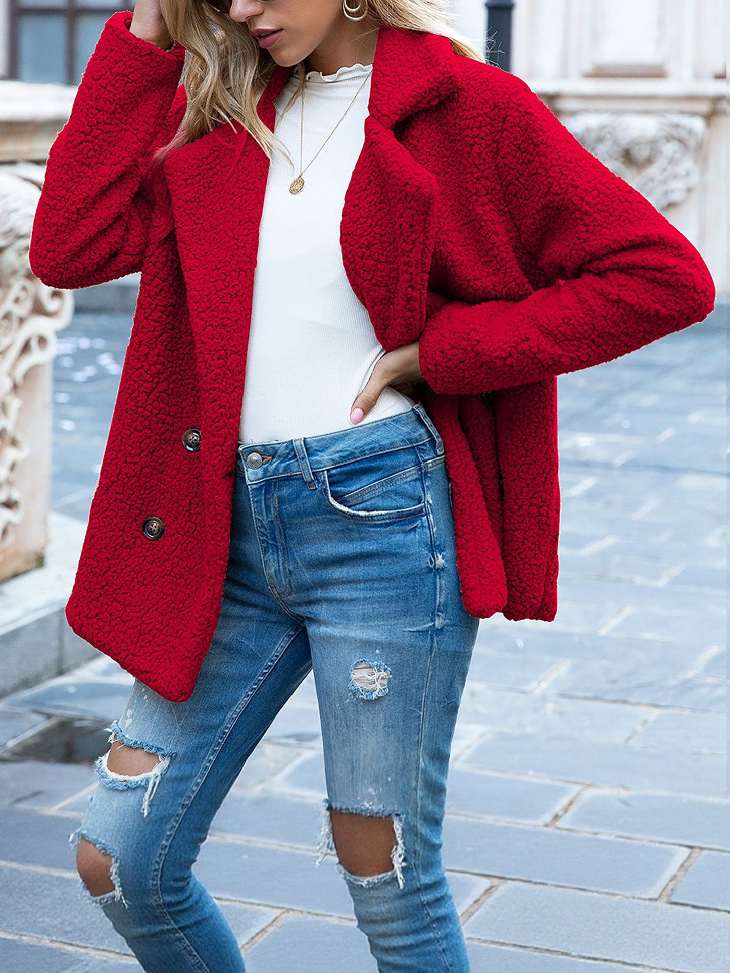 Notched Lapel Double Breasted Fleece Jacket