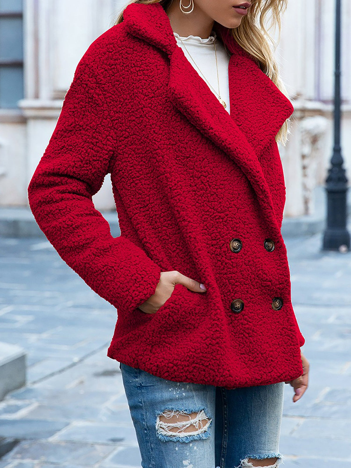 Notched Lapel Double Breasted Fleece Jacket