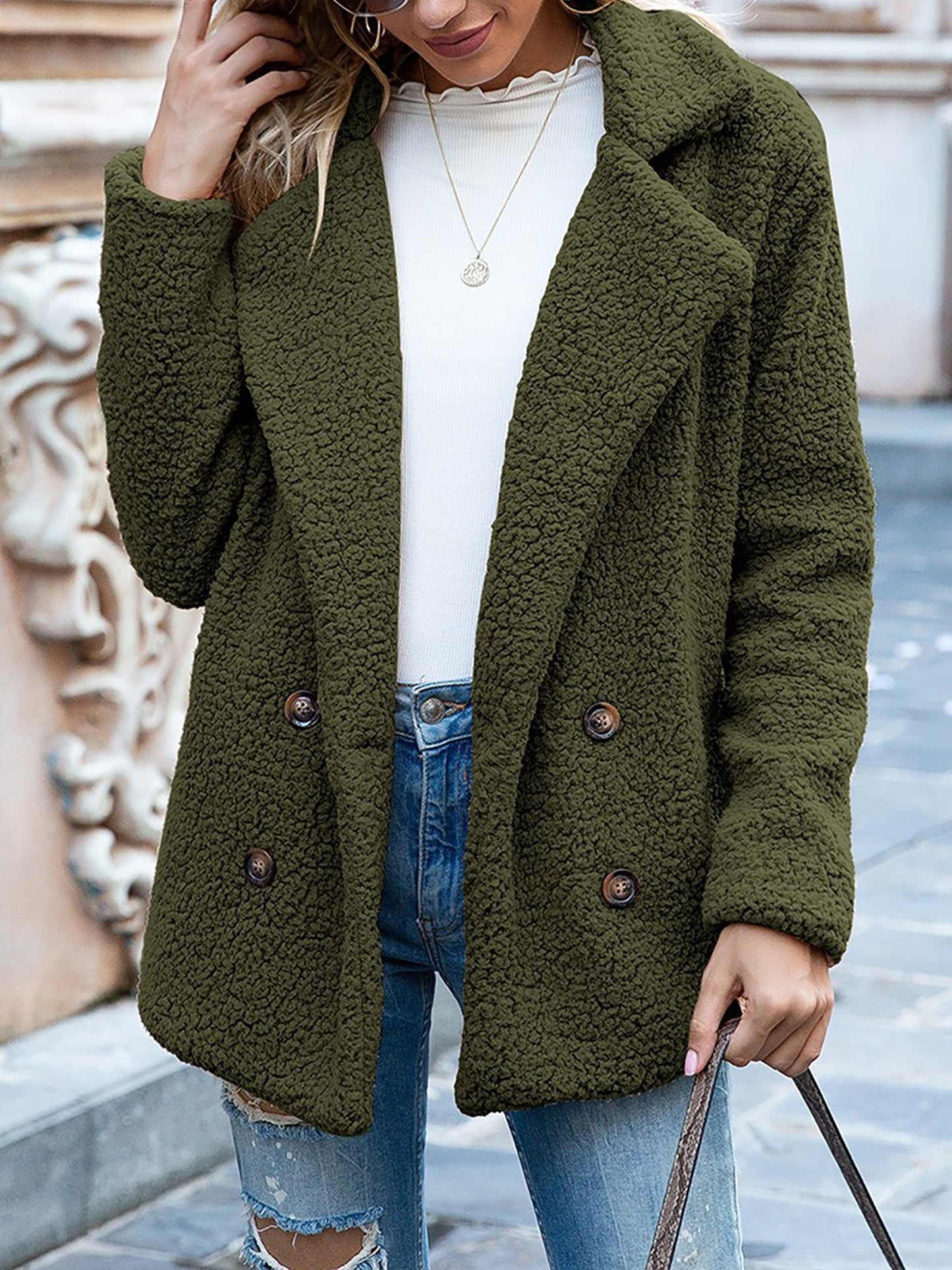 Notched Lapel Double Breasted Fleece Jacket