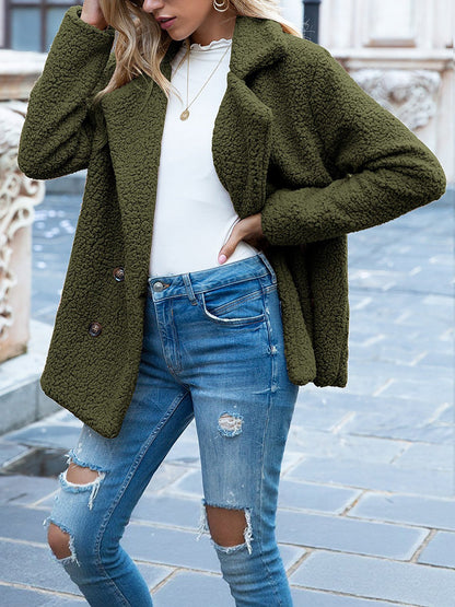 Notched Lapel Double Breasted Fleece Jacket