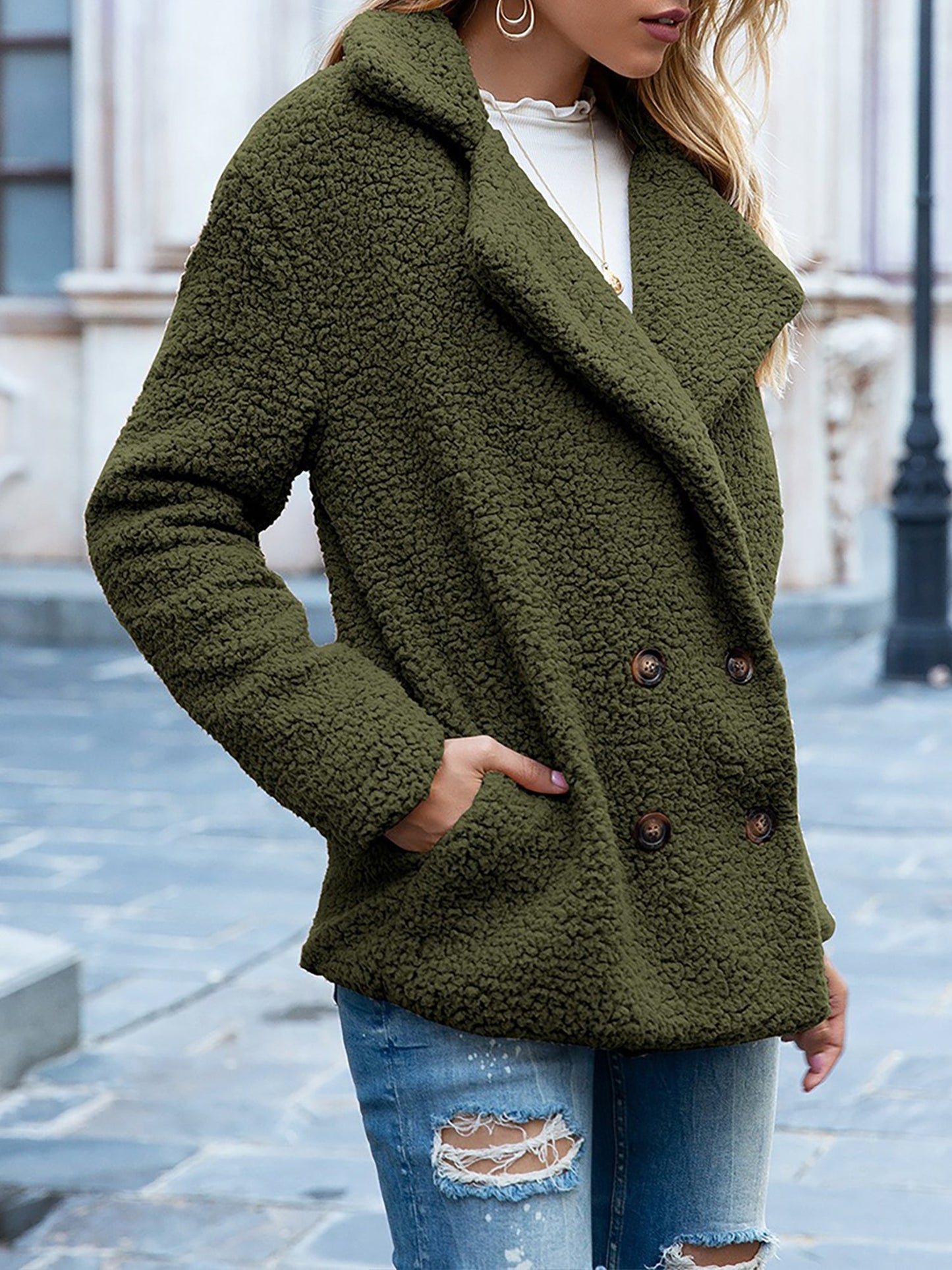 Notched Lapel Double Breasted Fleece Jacket