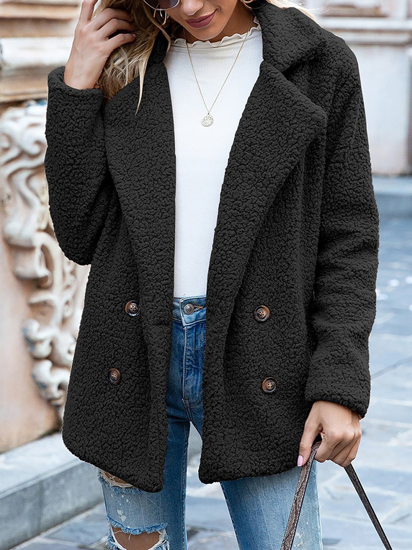 Notched Lapel Double Breasted Fleece Jacket