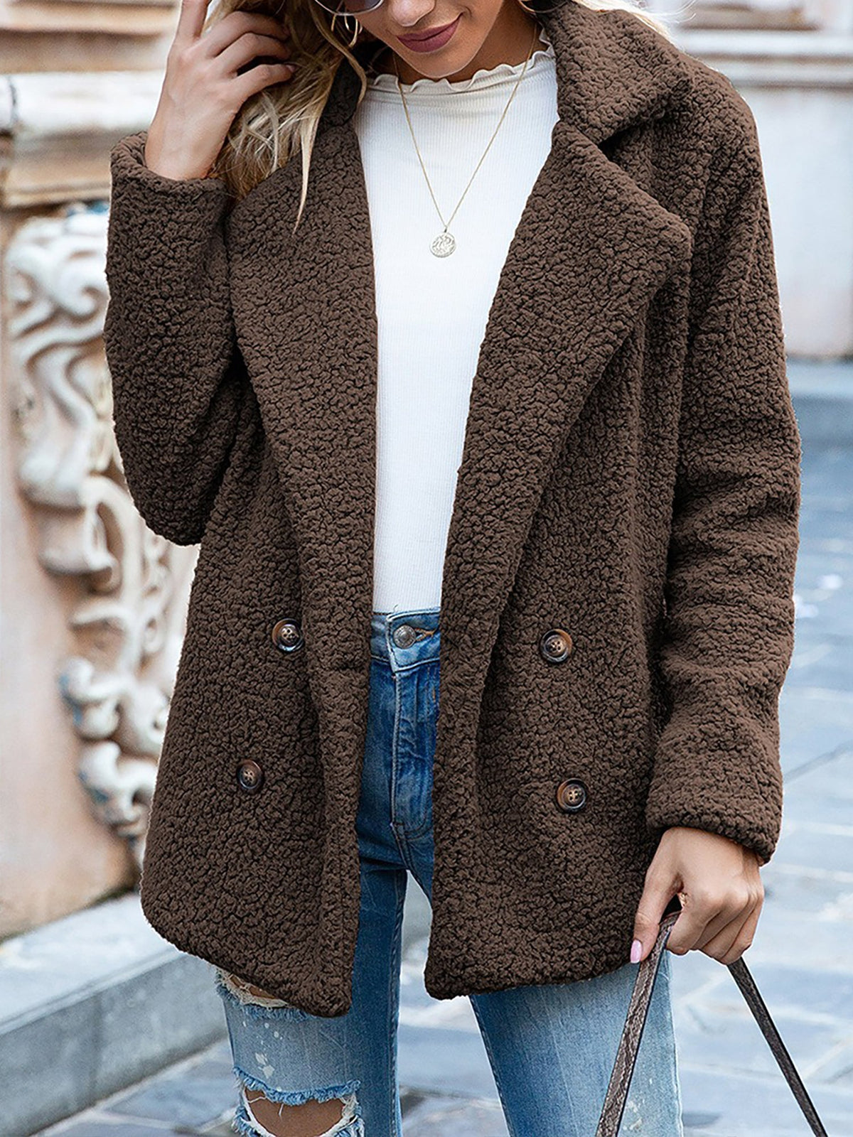 Notched Lapel Double Breasted Fleece Jacket