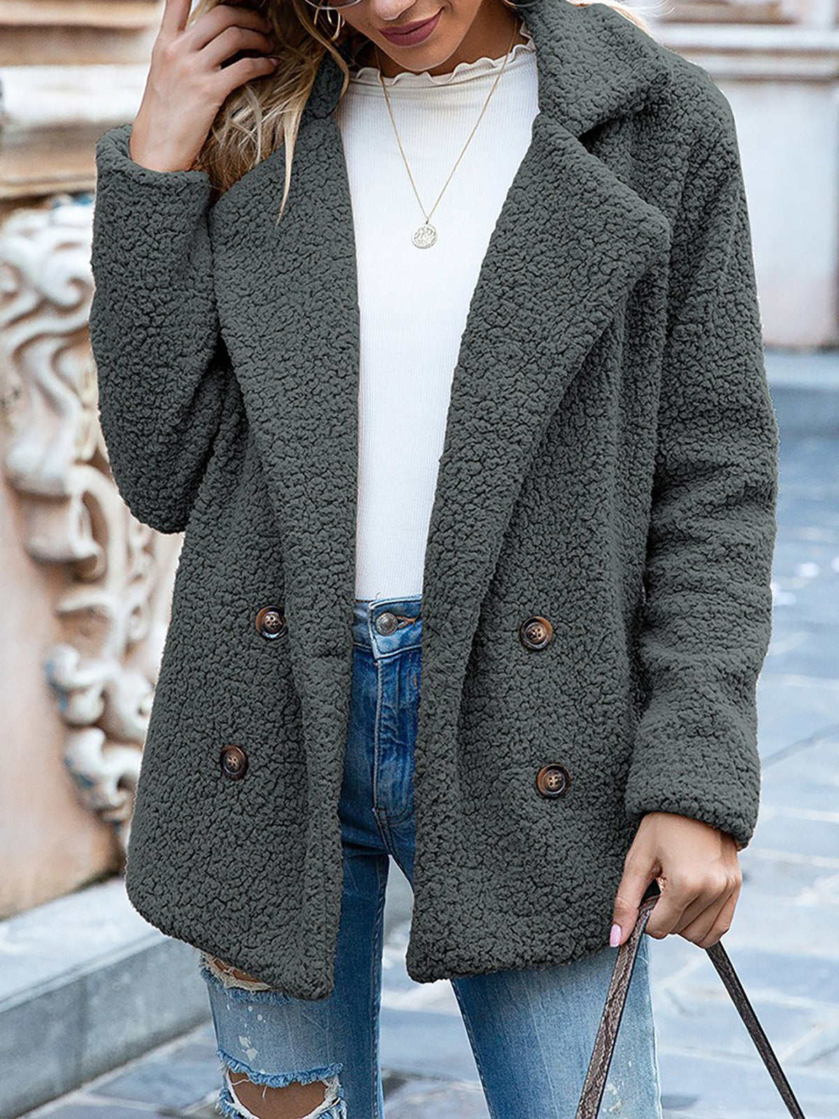 Notched Lapel Double Breasted Fleece Jacket