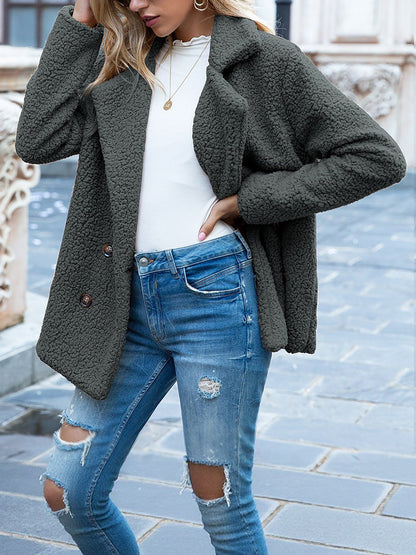 Notched Lapel Double Breasted Fleece Jacket