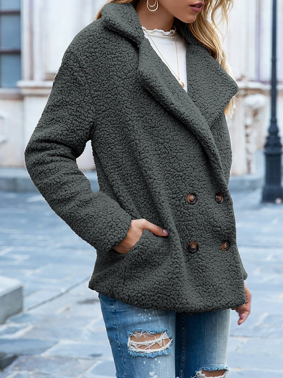 Notched Lapel Double Breasted Fleece Jacket