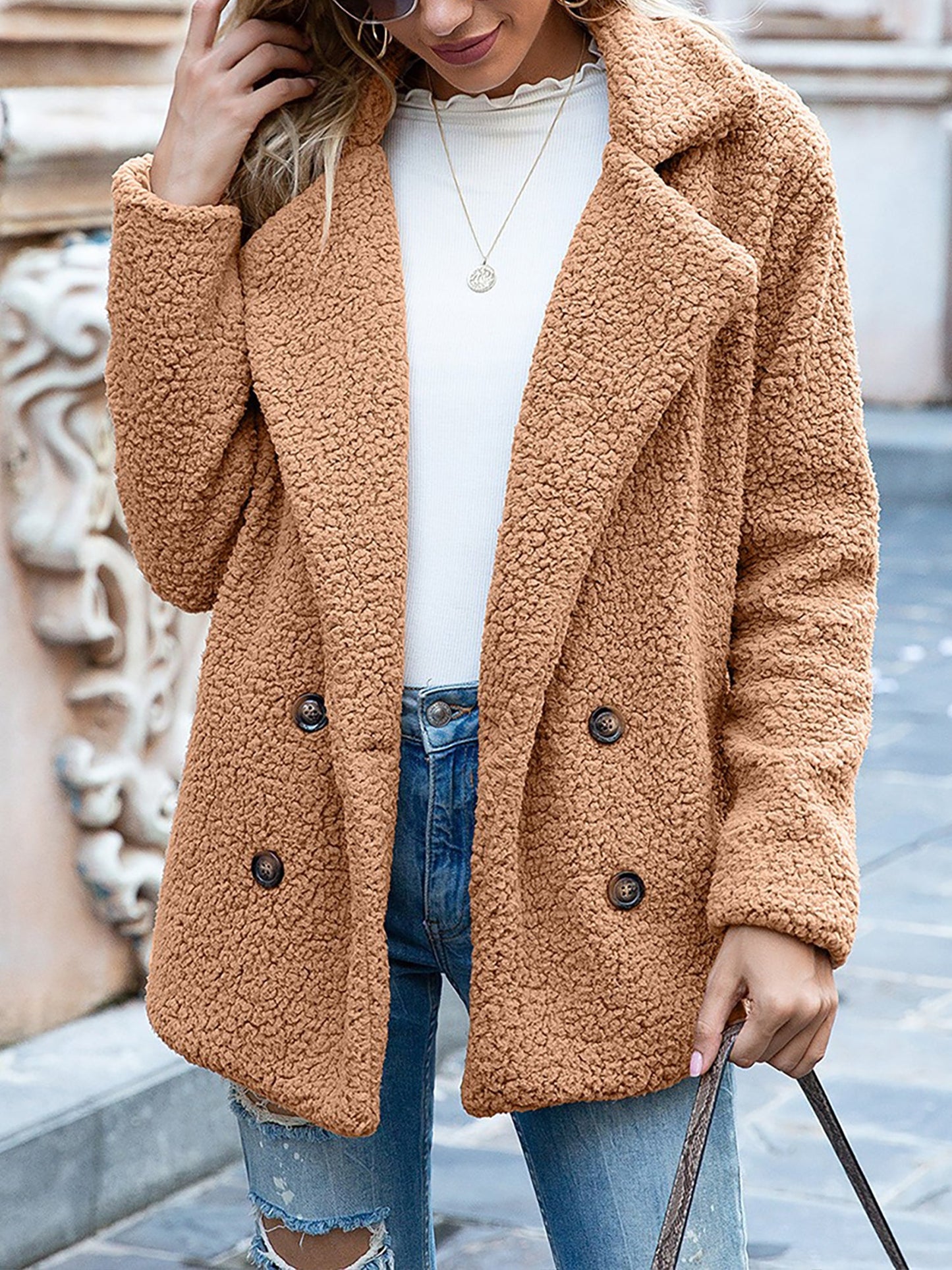 Notched Lapel Double Breasted Fleece Jacket