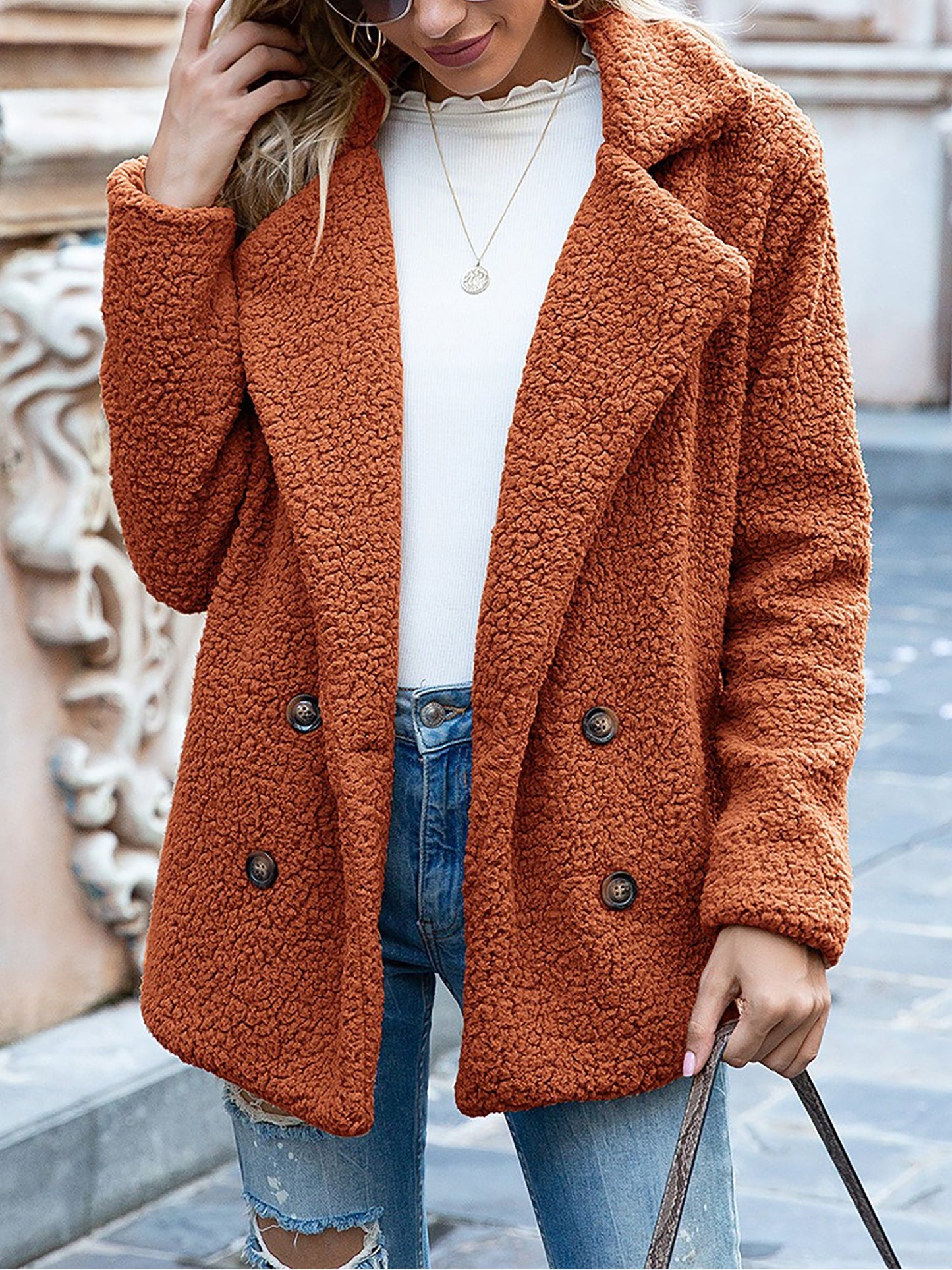 Notched Lapel Double Breasted Fleece Jacket