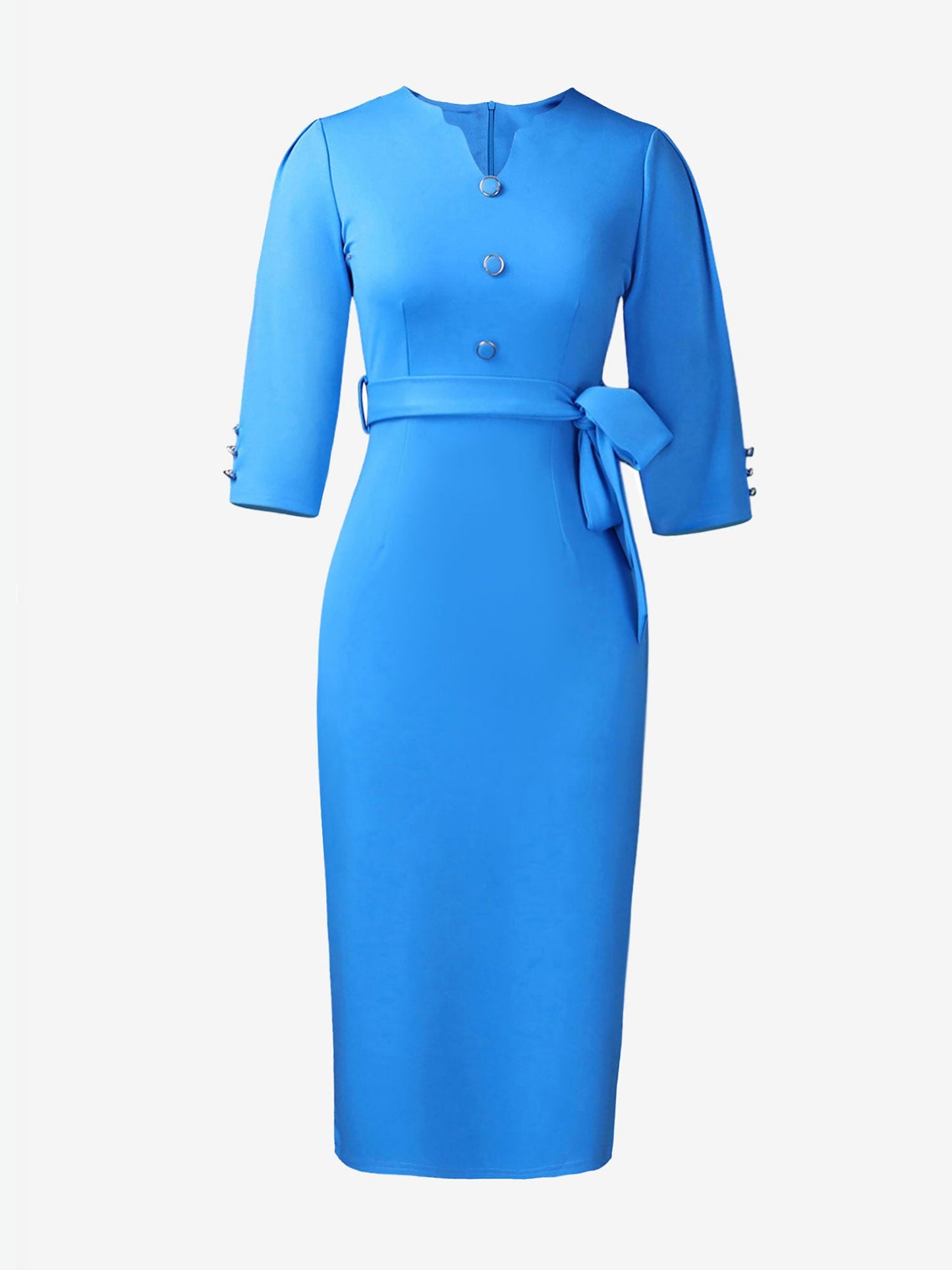 Notched Neck 3/4 Sleeves Midi Sheath Dress