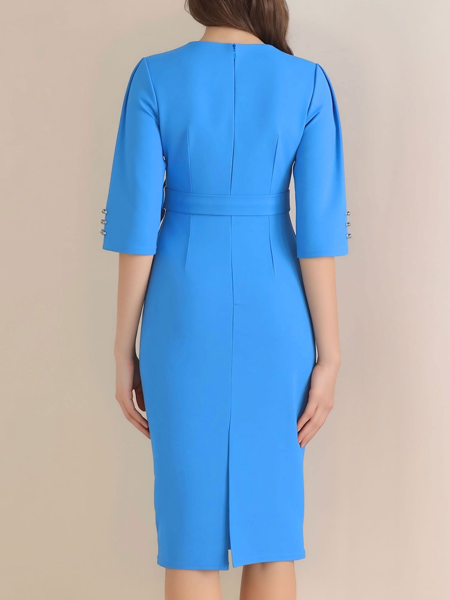 Notched Neck 3/4 Sleeves Midi Sheath Dress