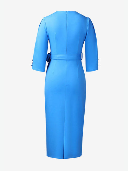 Notched Neck 3/4 Sleeves Midi Sheath Dress