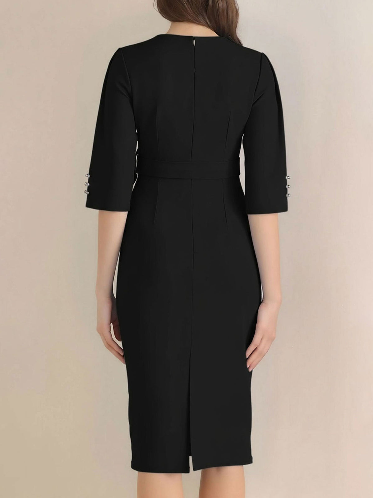 Notched Neck 3/4 Sleeves Midi Sheath Dress