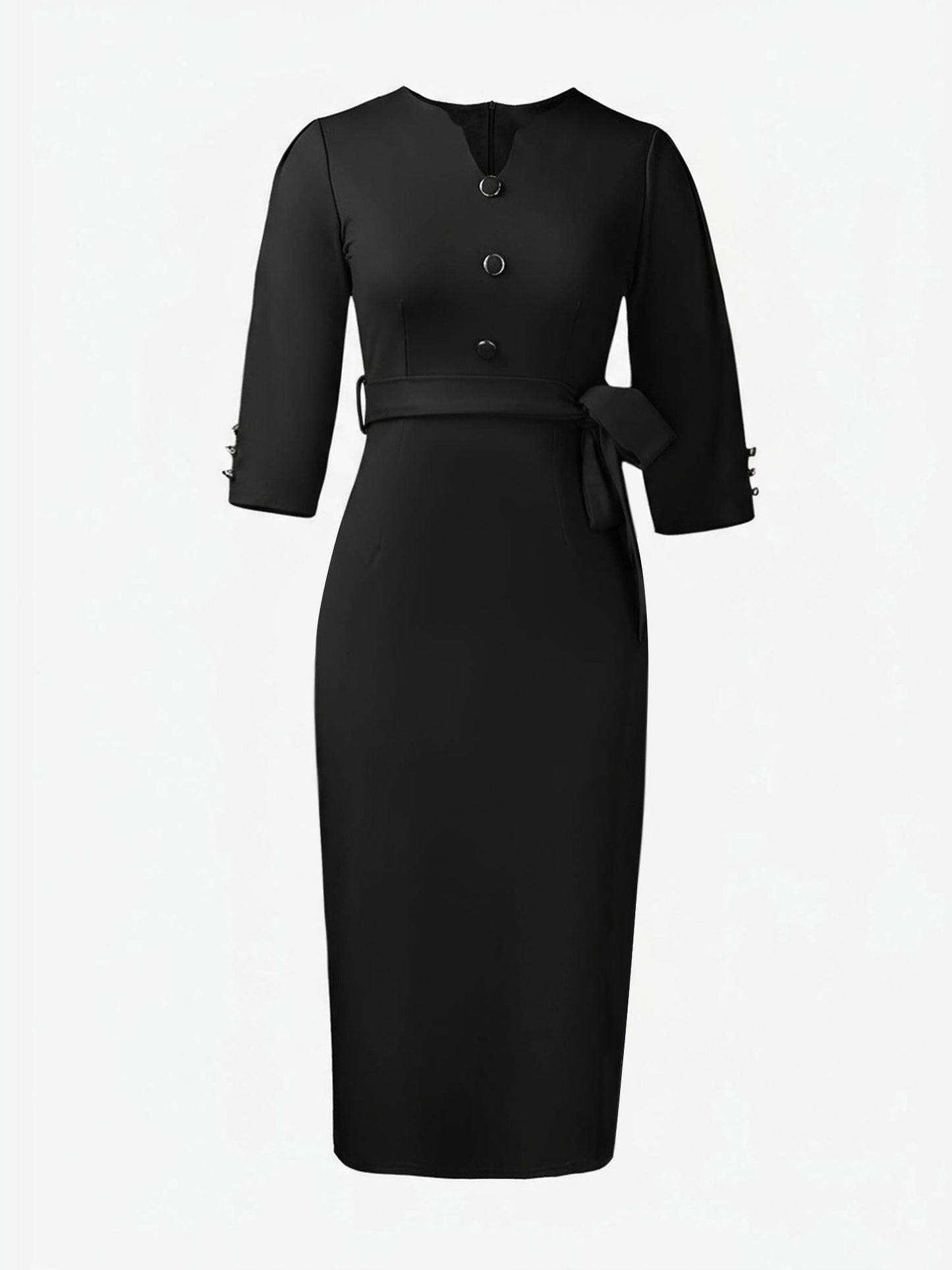 Notched Neck 3/4 Sleeves Midi Sheath Dress