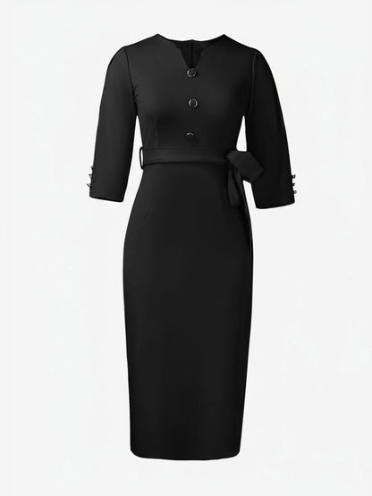 Notched Neck 3/4 Sleeves Midi Sheath Dress