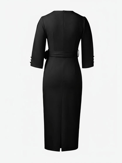Notched Neck 3/4 Sleeves Midi Sheath Dress
