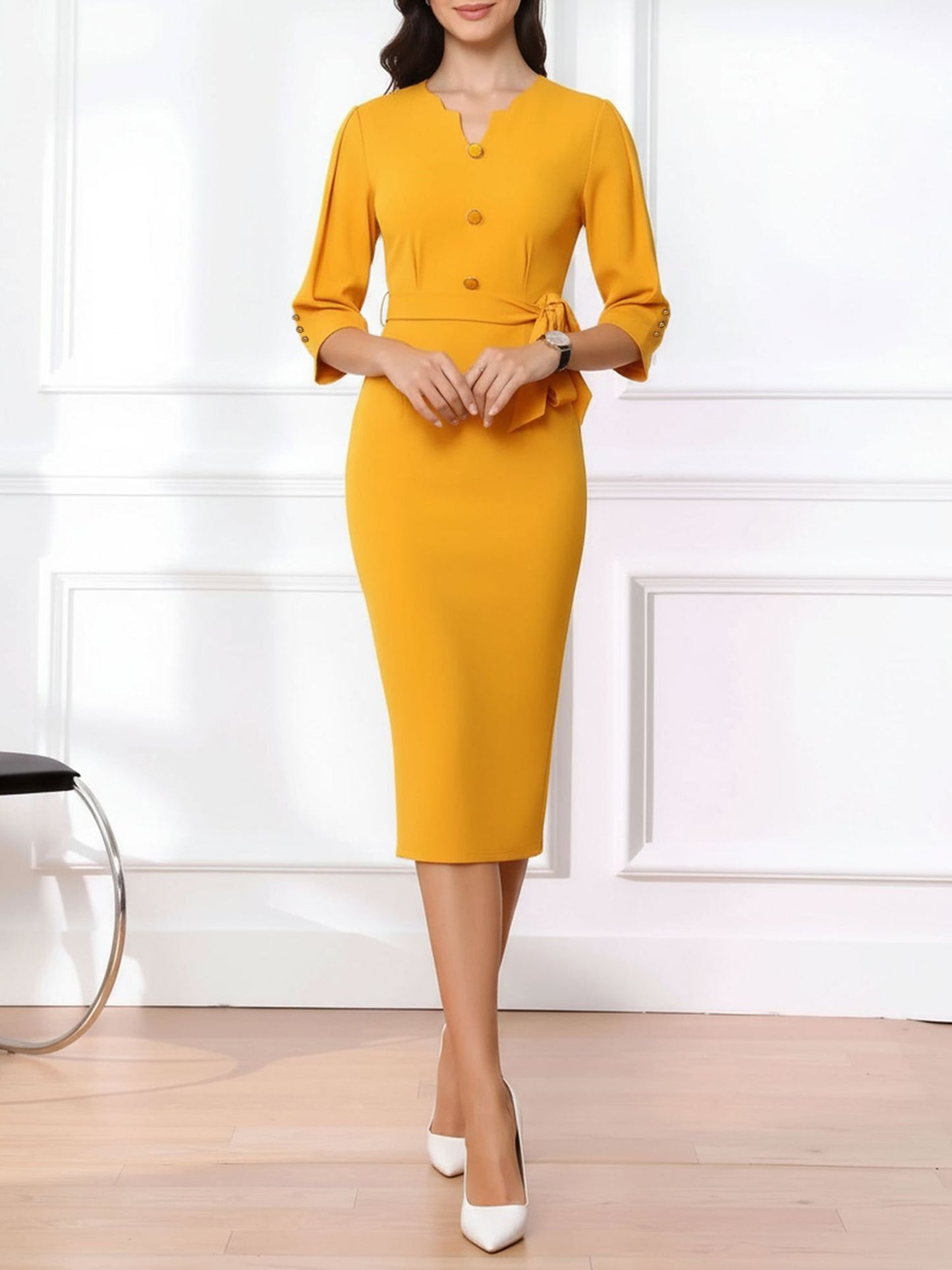 Notched Neck 3/4 Sleeves Midi Sheath Dress