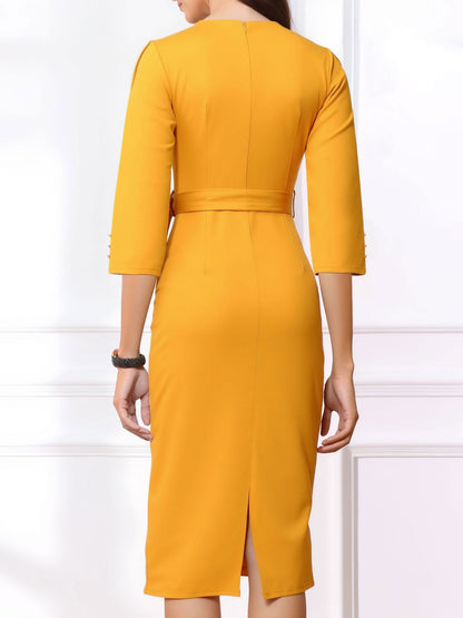 Notched Neck 3/4 Sleeves Midi Sheath Dress