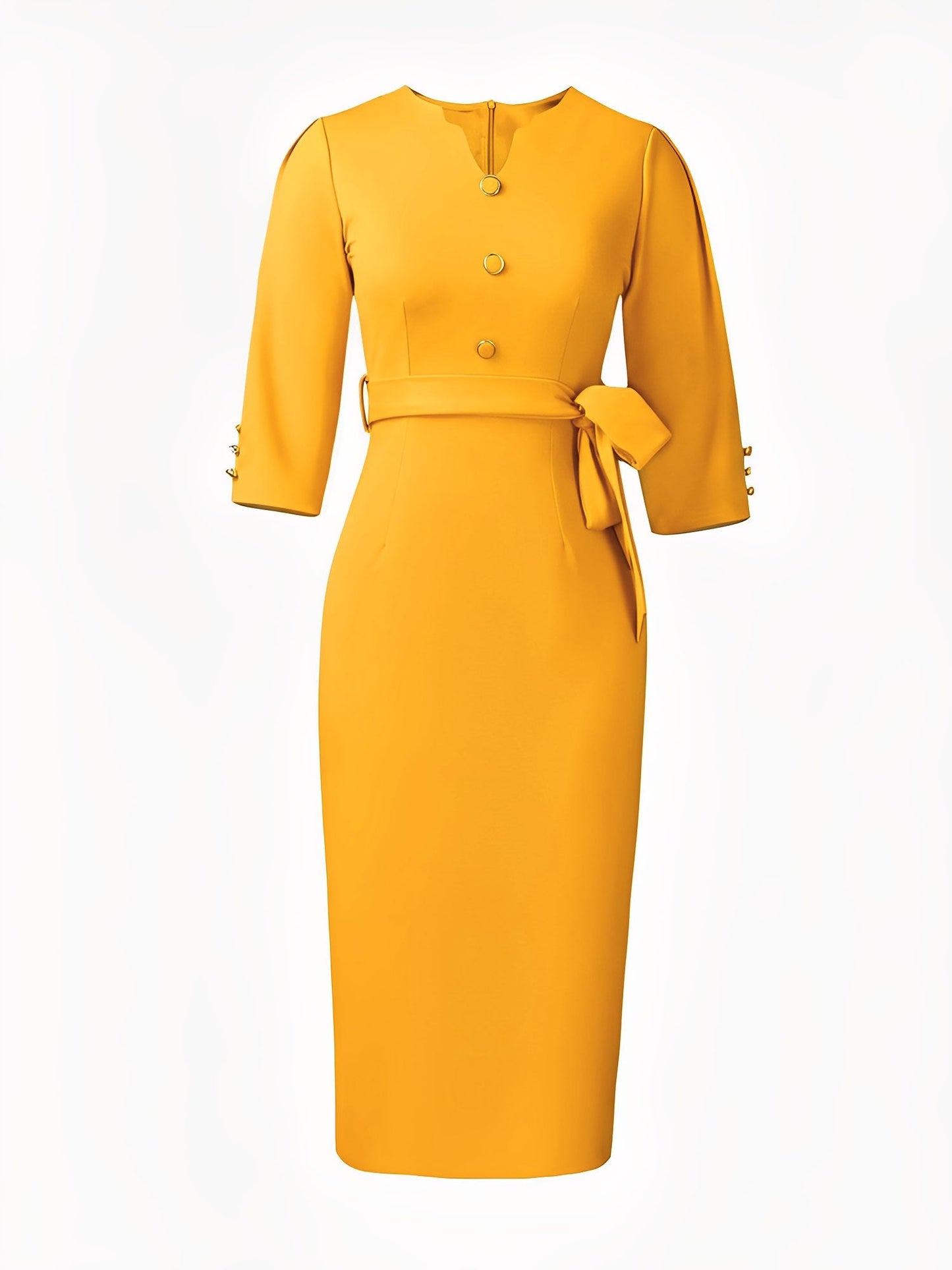 Notched Neck 3/4 Sleeves Midi Sheath Dress