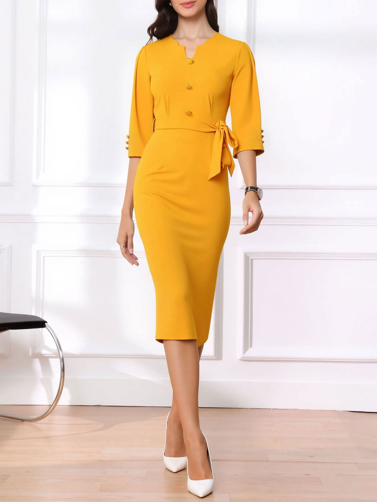 Notched Neck 3/4 Sleeves Midi Sheath Dress