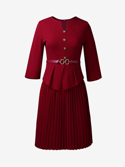 Notch Neck 3/4 Sleeves Belted Pleated Midi Work Dress