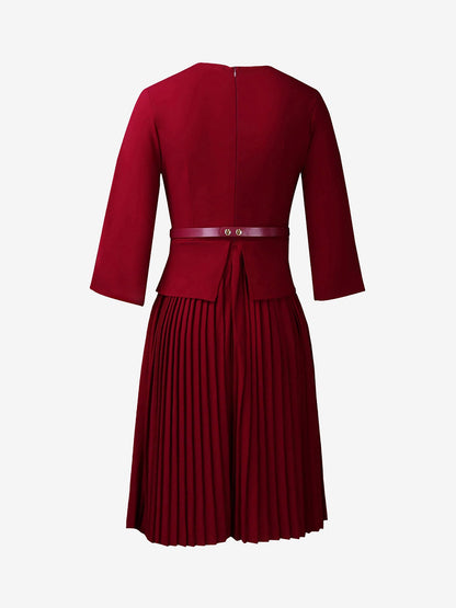 Notch Neck 3/4 Sleeves Belted Pleated Midi Work Dress